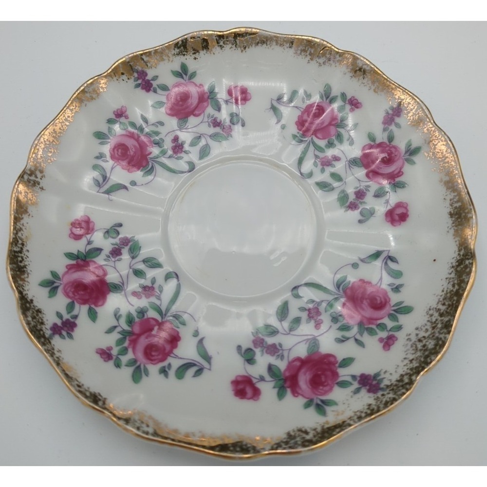 Vintage Fred Roberts Bone China Single 6" Saucer Pink Rose Sponged Gold Trim - Picture 2 of 13